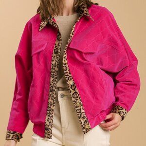 U8 Umgee Velvet Fuchsia Pink Jacket Leopard Trim Dolman Sleeves